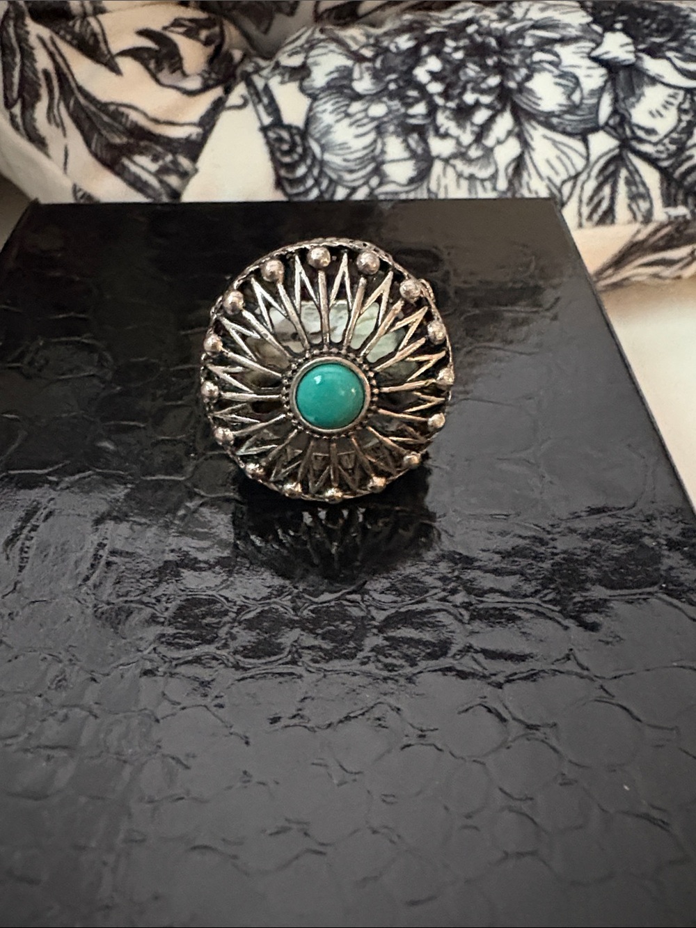Lucky Brand Silver-Tone Filigree Ring with Turquoise Center